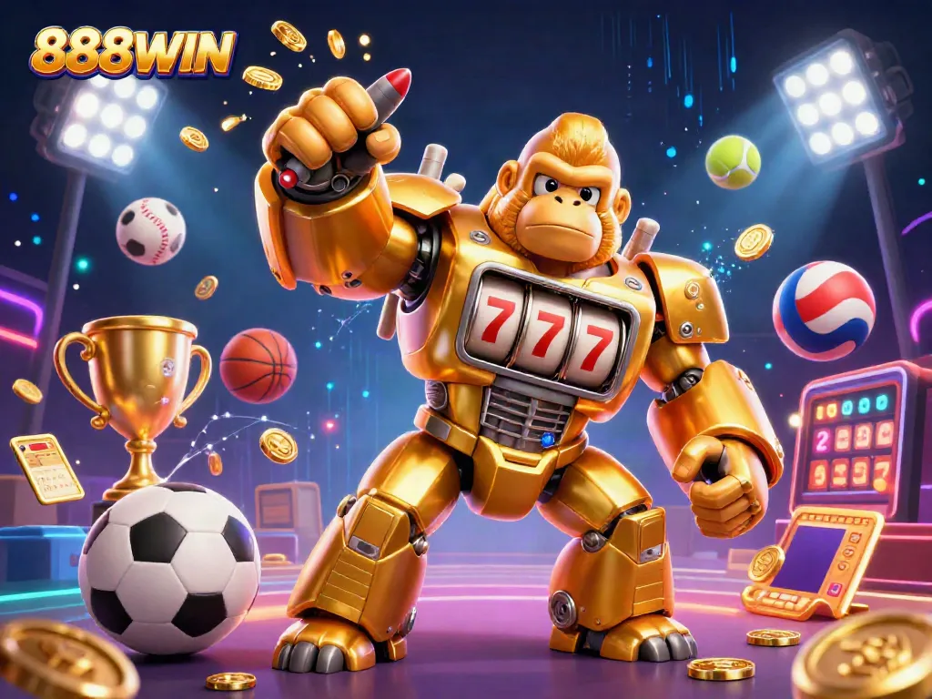 Experience the action with 888WIN as a golden mech bursts through the scene, scattering coins and sports elements.
