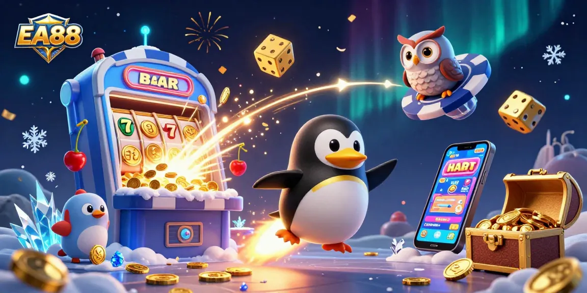 Experience the thrill of EA88 as a golden penguin blasts through space toward a casino jackpot.