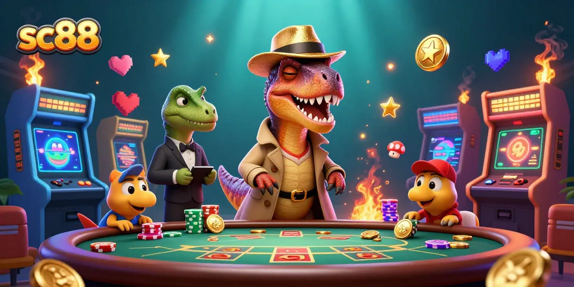 Engage in thrilling sc88 gambling with a riot of colors and characters including a velociraptor card counter.