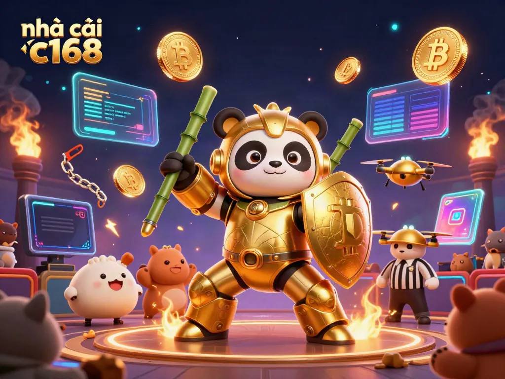 Engage in thrilling gameplay with nhà cái c168 as the golden panda battles in a vibrant casino arena.