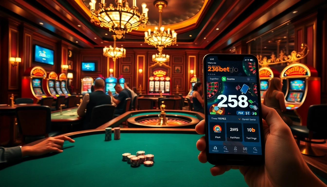 Engaging gamblers at a luxurious casino table while showcasing https://258bet.bio/ on a smartphone screen.