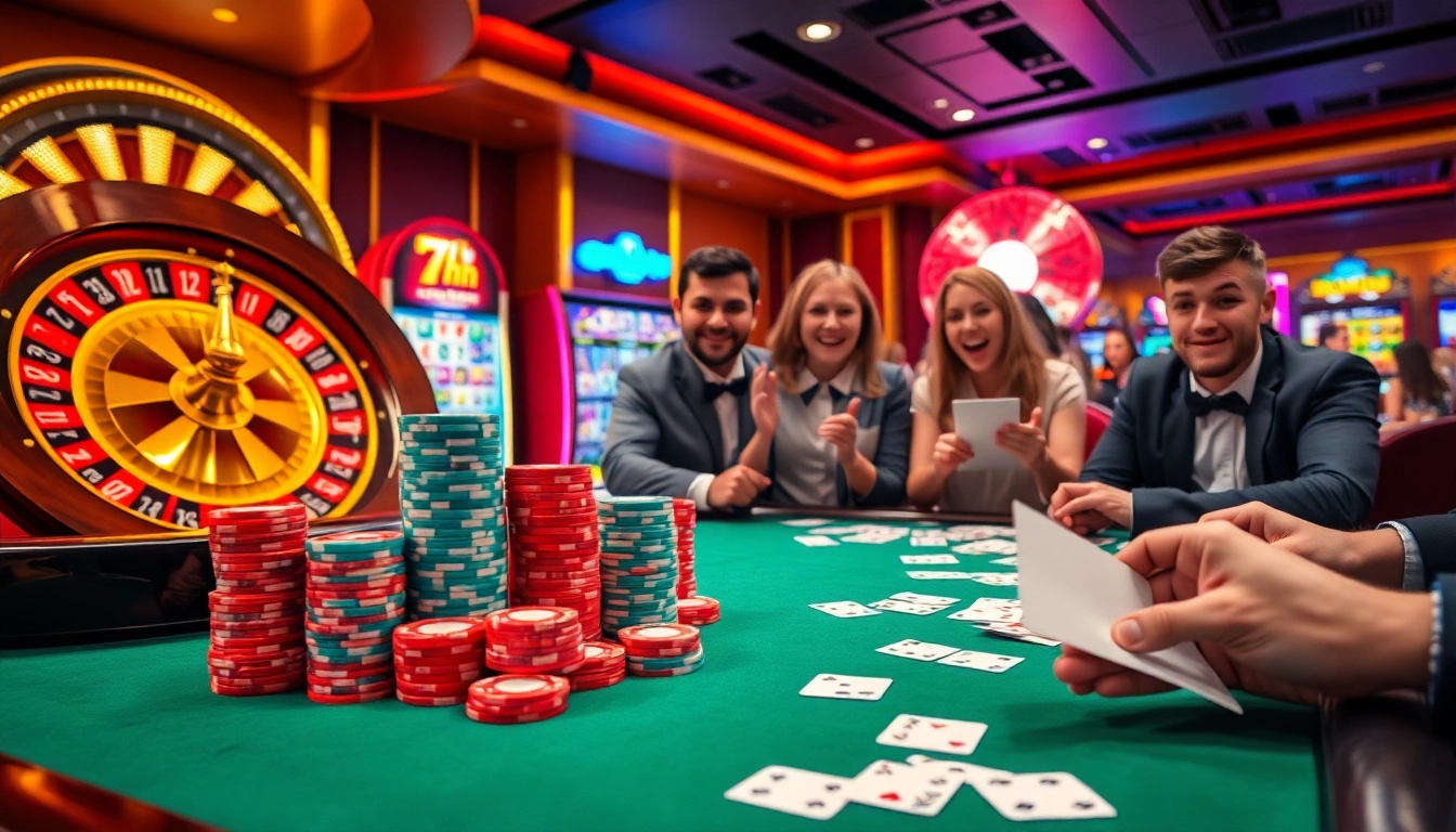 Players enjoying the excitement of gambling at the 7hh casino table with vibrant chips and cards.