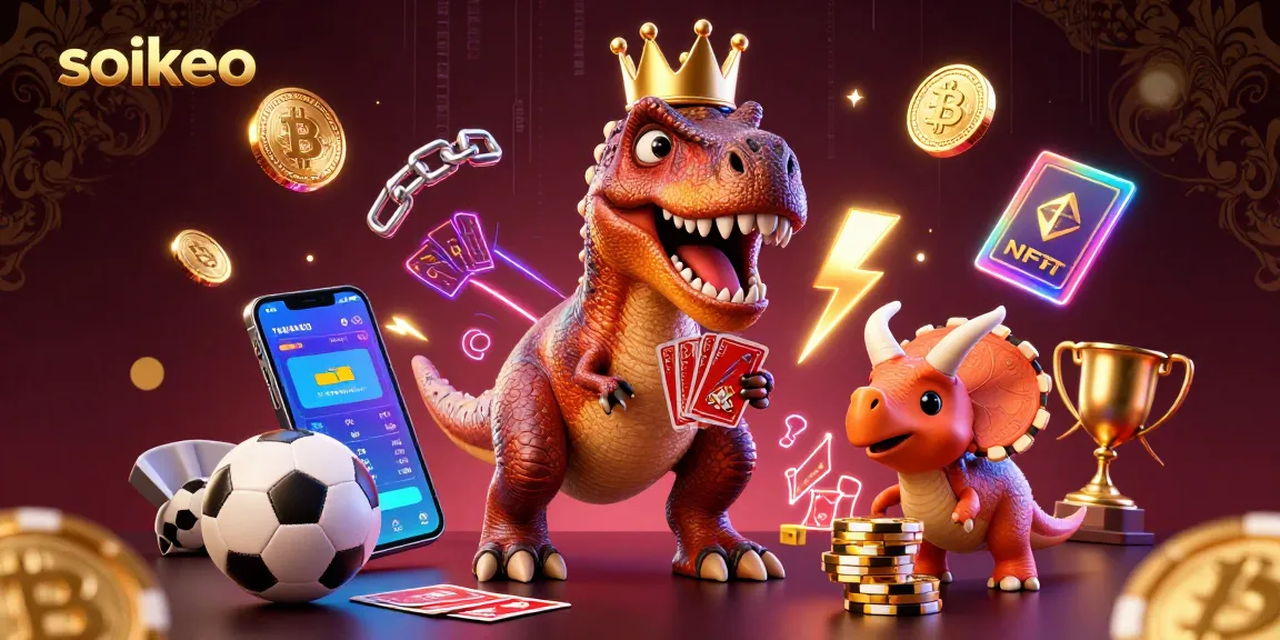 Bet on soikeo with a colorful 3D T-Rex, cards, and chips in a sports betting theme.