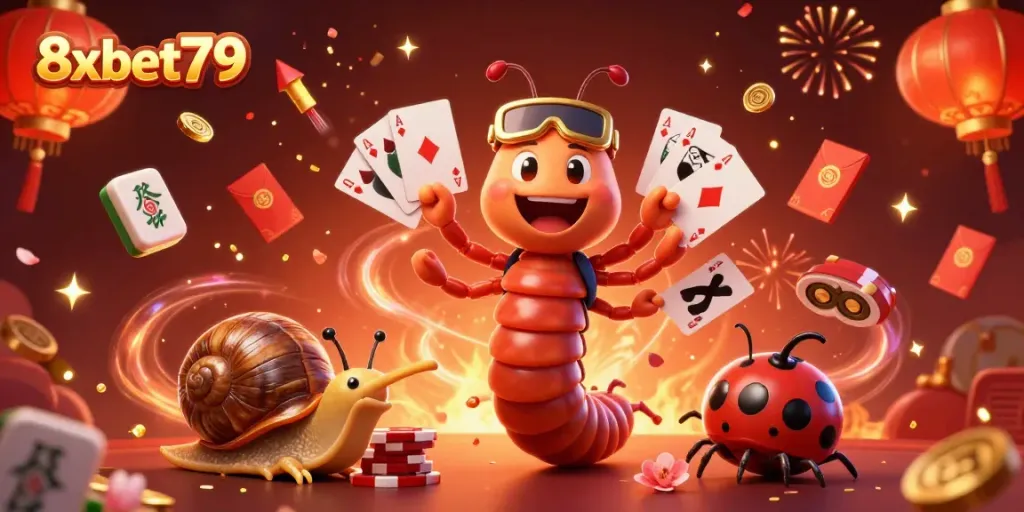 Engage in thrilling gameplay with 8xbet79, featuring a lively cartoon dealer, high-roller, and dynamic game elements.