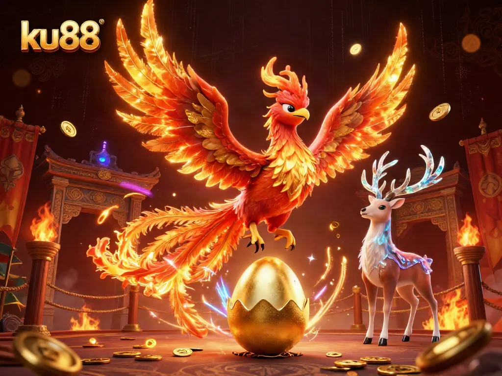Experience thrilling gaming at ku88 with a vibrant phoenix and mystical stag in a dynamic casino setting.