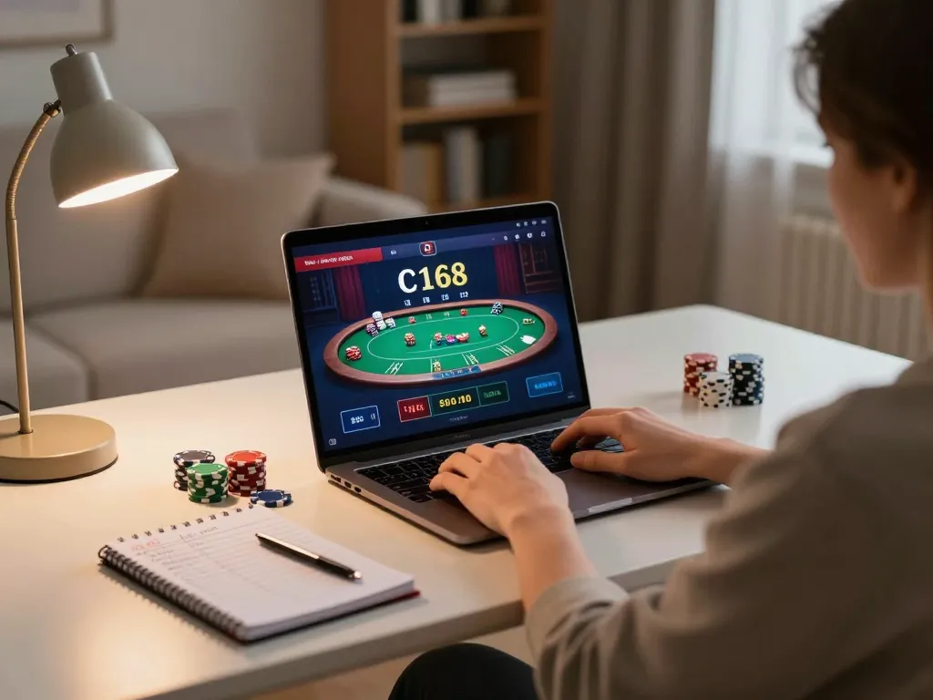C168 online gaming scene with player engaged in poker strategy using laptop