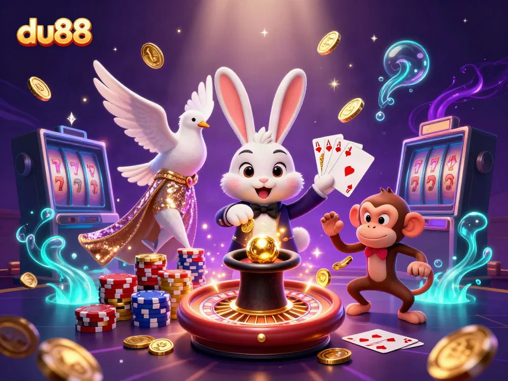 Engage in thrilling gaming at du88 with a magician rabbit, glamorous dove, and playful monkey amidst a casino extravaganza.