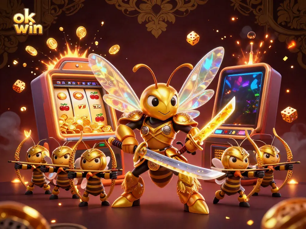 Join the exciting action of ok win with a golden hornet samurai amidst a jackpot explosion and casino elements.