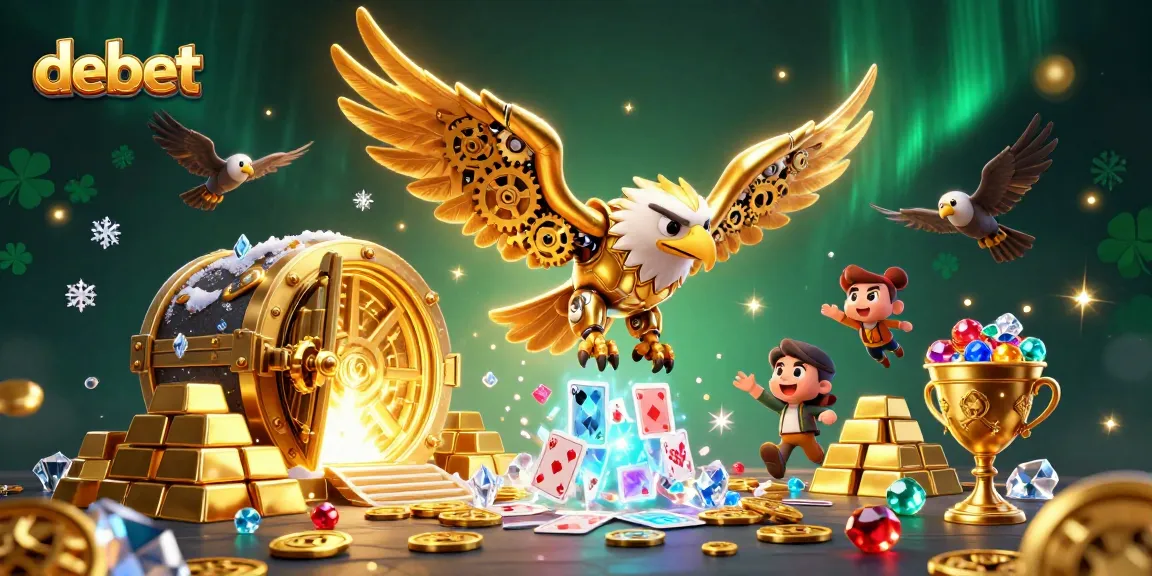 Experience the thrill of debet with a cybernetic eagle soaring through a dazzling casino scene.