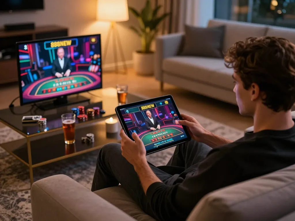 Engaging in dynamic gaming on the 888NEW app from a cozy home setup, depicting a player enjoying a live dealer experience.