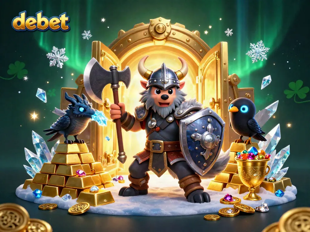 Engage with Debet's exciting world featuring a Viking wolf warrior, dragon, and treasures, perfect for online gambling.