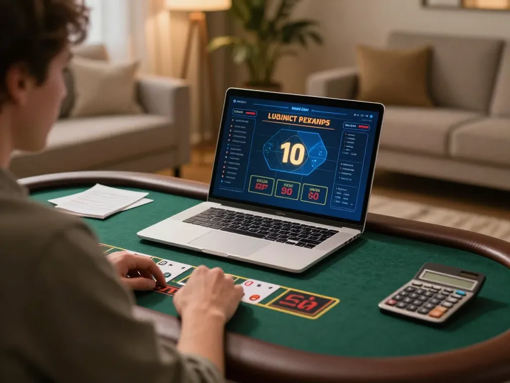 A player enjoys a live dealer game on their laptop at home, showcasing the exciting 75W online casino experience.