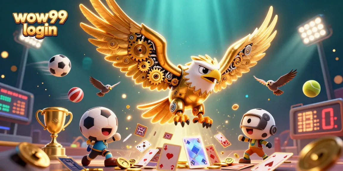 Mengalami keseruan WOW99 login dengan ilustrasi 3D yang menampilkan elang emasCybernetic dengan sayap mekanik, dikelilingi elemen permainan yang memukau.