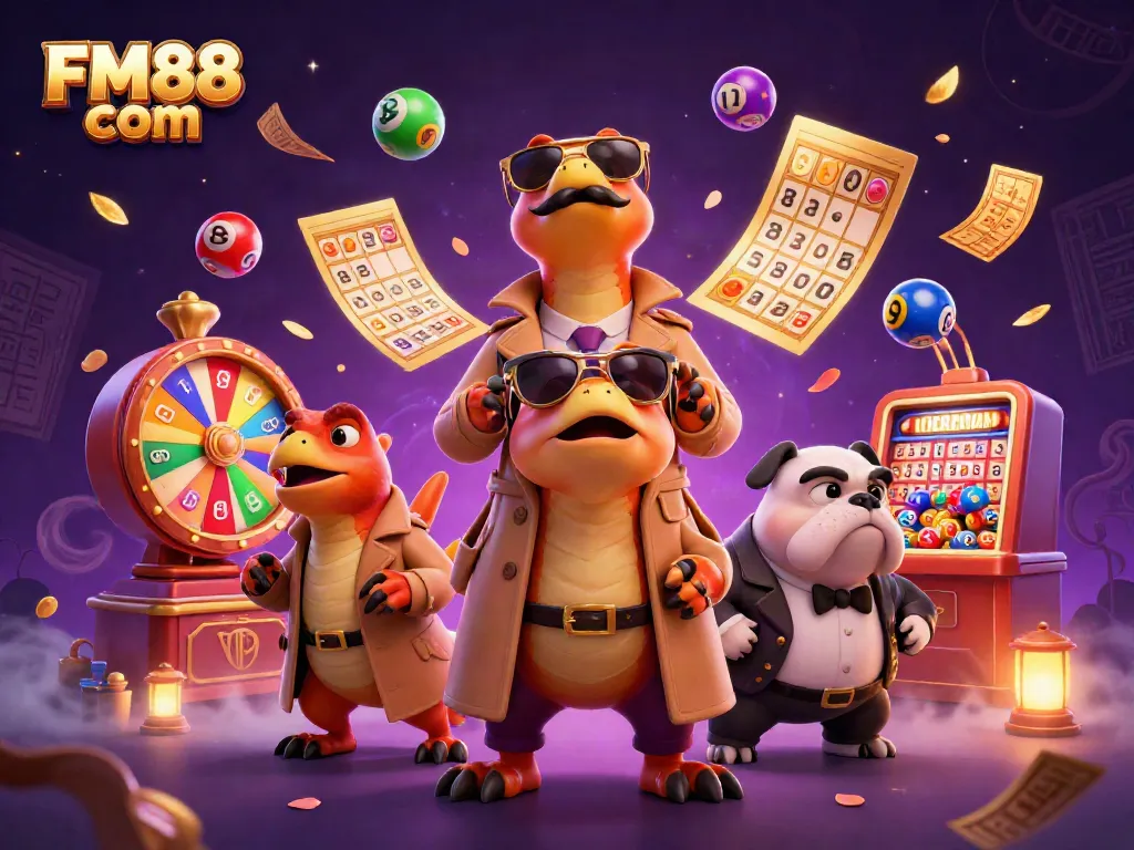 Raptors disguised as a tall person in a casino scene, surrounded by lottery elements showcasing FM88 com.