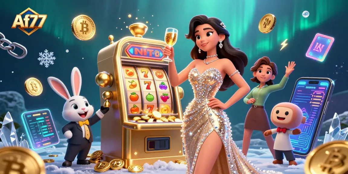 Join Af77 at a vibrant casino scene with a beautiful woman celebrating by a jackpot slot machine.