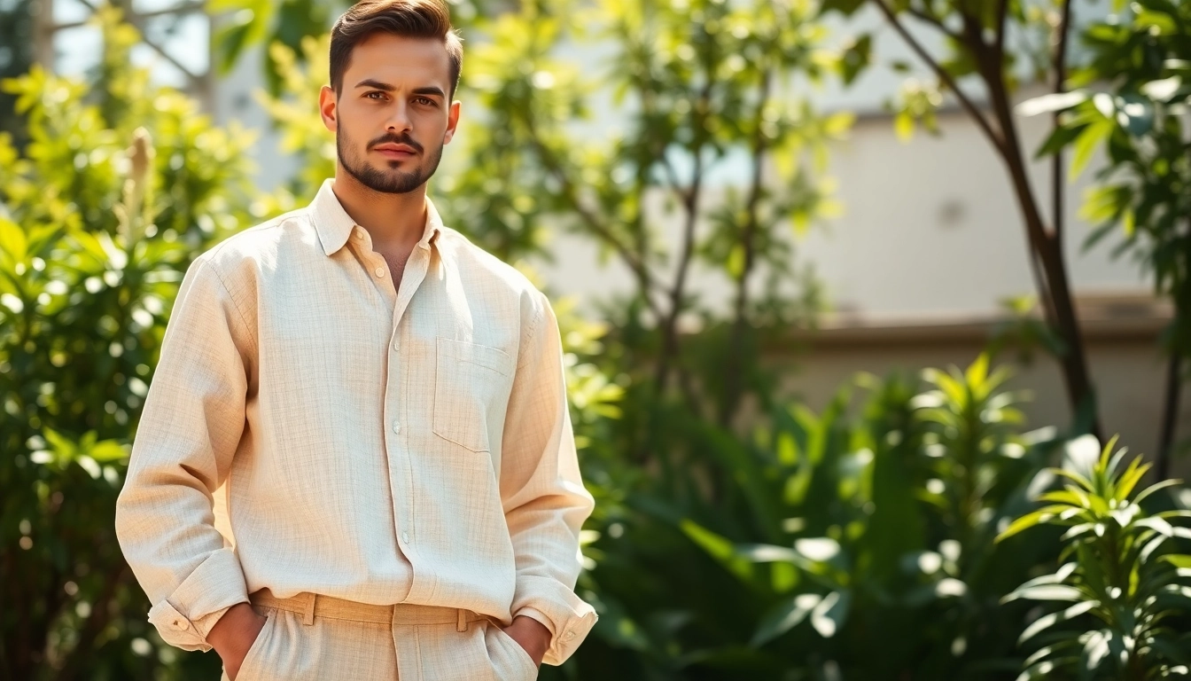 High Quality Clothing Manufacturer showcasing elegant linen apparel on a model in a natural setting.