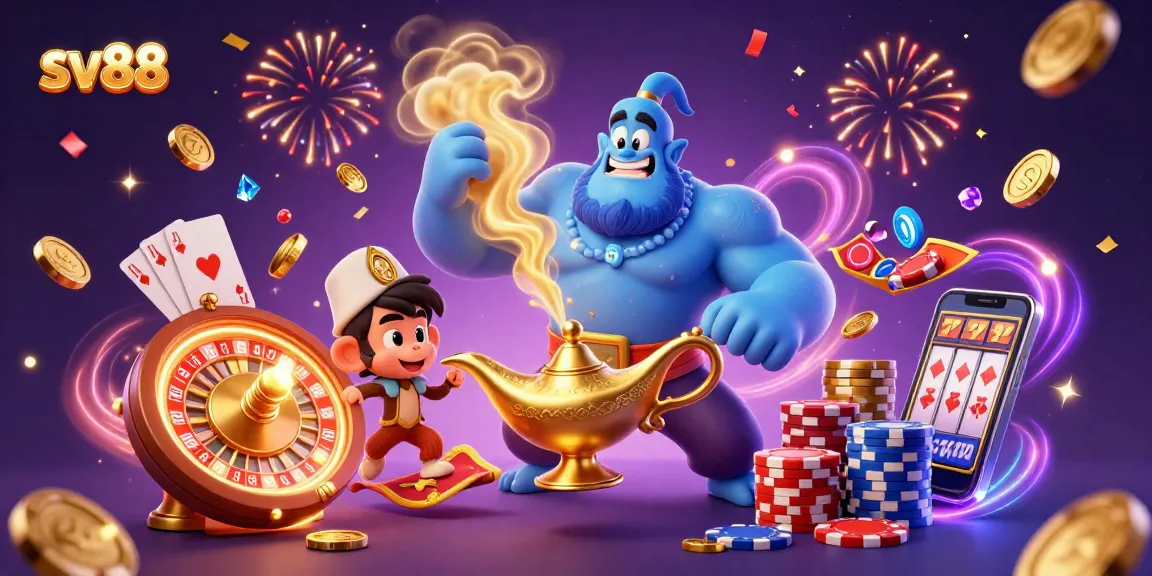 Spin your luck at sv88, featuring a magical genie, poker chips, and golden confetti!