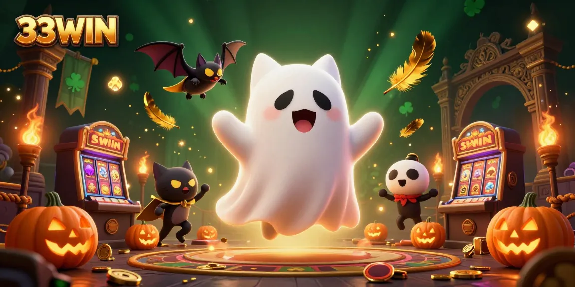 Experience thrilling play at 33WIN as a ghost cat and bat explore the haunted casino mansion filled with vibrant games.