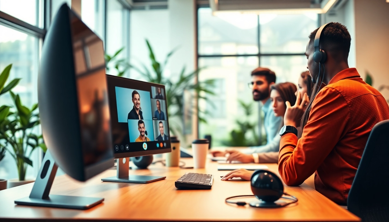 Showcasing remote call control in a modern office environment with professionals connecting virtually.