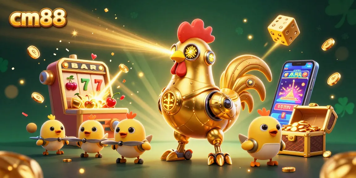 Experience cm88's epic jackpot with a vibrant 3D illustration featuring a golden rooster and baby chick drones!