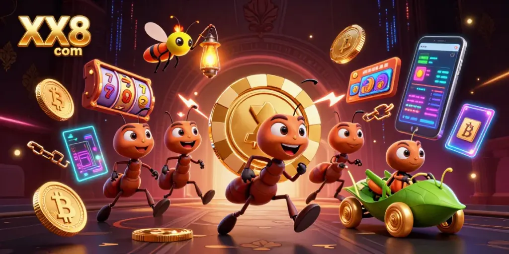 Engage with thrilling games at XX8 com, as ants carry a giant poker chip in a vibrant casino heist scene.
