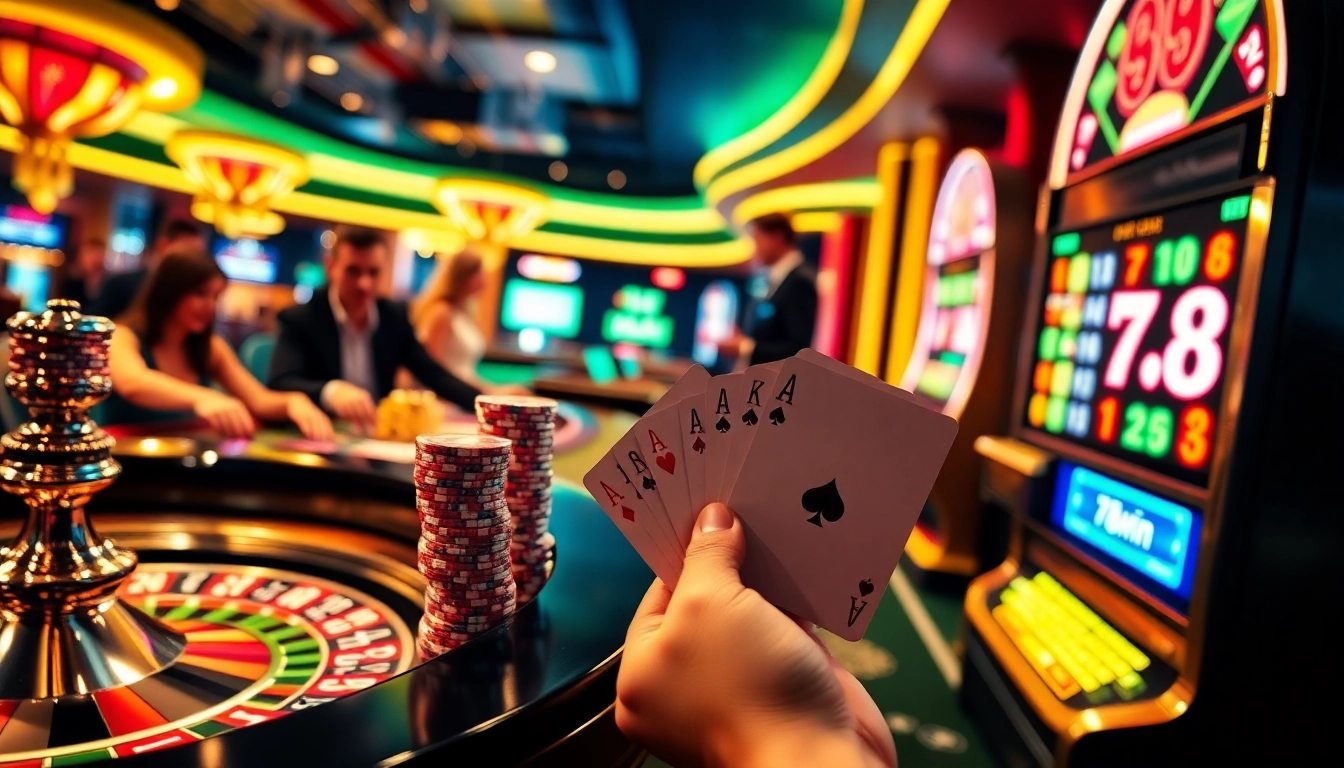 Experience the thrill of winning at 78win with vibrant casino tables and golden poker chips.
