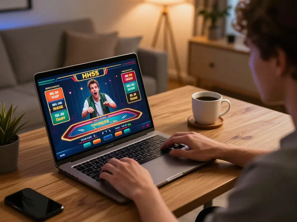 Jogue jogos de cassino online no HH55 com um laptop, apresentando uma configuração envolvente de dealer ao vivo