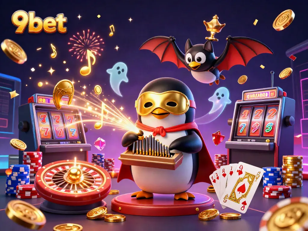 Experience the excitement of 9bet with a vivid scene of a whimsical penguin organist and acrobat amidst cascading coins and casino elements.
