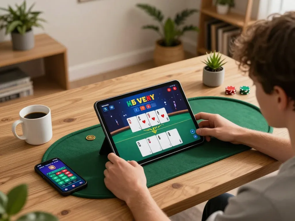 Engaging gameplay with 688v on a tablet, showcasing poker strategies in a cozy home environment.