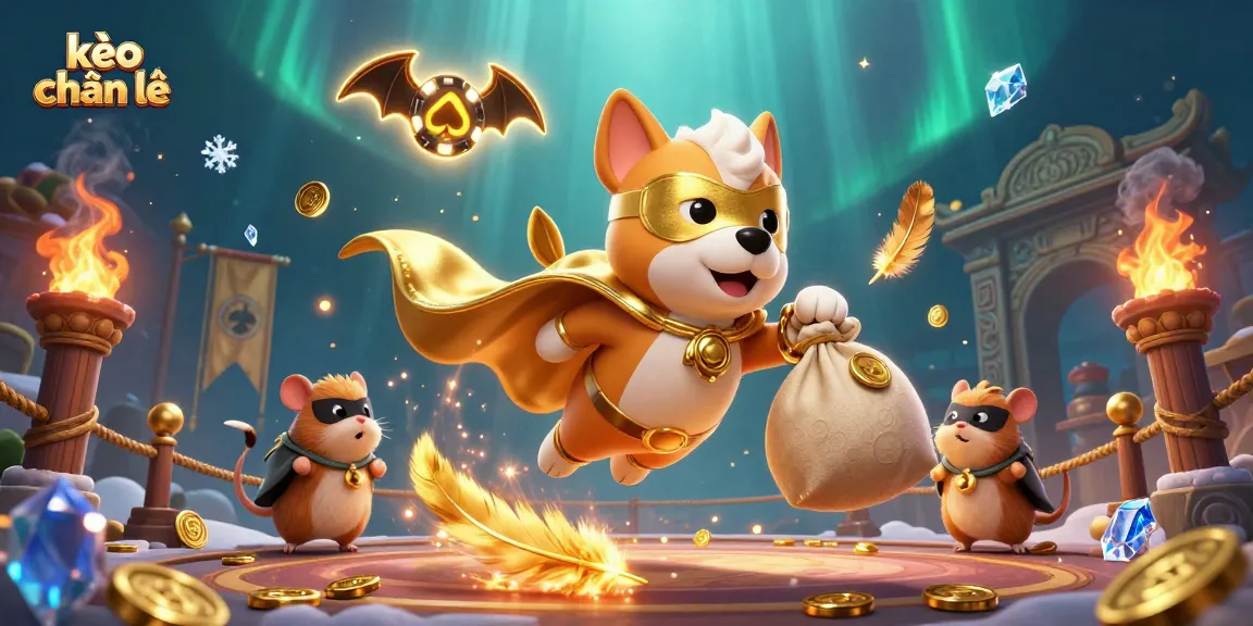 Play kèo chẵn lẻ with this vibrant illustration of a superhero dog and hamster thrill betting in a dynamic casino scene.