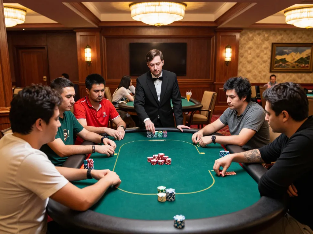 27G players strategizing during an intense poker game in a luxurious casino