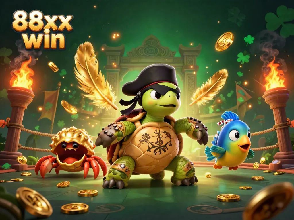Engage with the lively treasure hunt in 88xx win featuring a pirate turtle, hermit crab, and parrotfish!