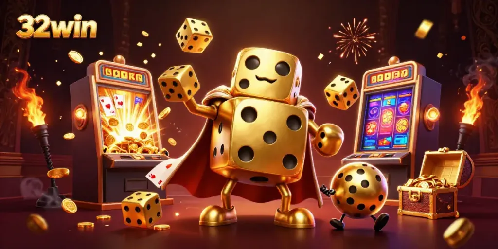 Engage with the vibrant world of 32win showcasing dynamic golden dice and exciting casino elements for gamers.