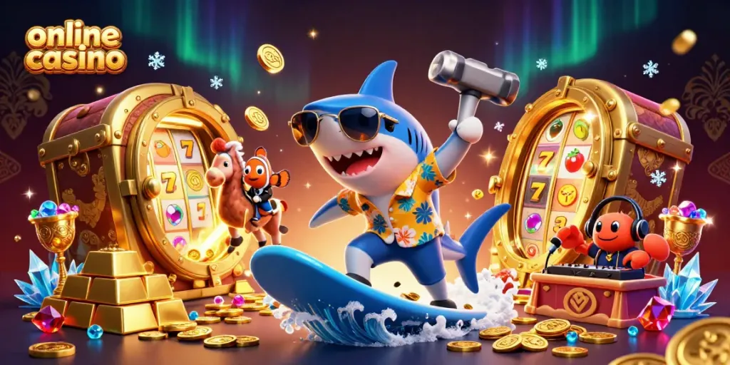 Experience thrilling moments at an online casino with a cartoon shark, clownfish, and crab amidst coins and slot games.