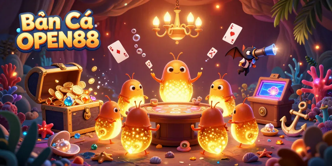 Bắn Cá OPEN88 illuminates underwater casino adventure with glowing glowworms and treasure in action.