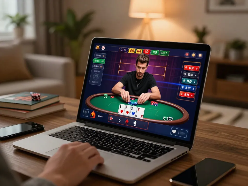 Engaging in U888 online poker strategy at home with a sleek laptop