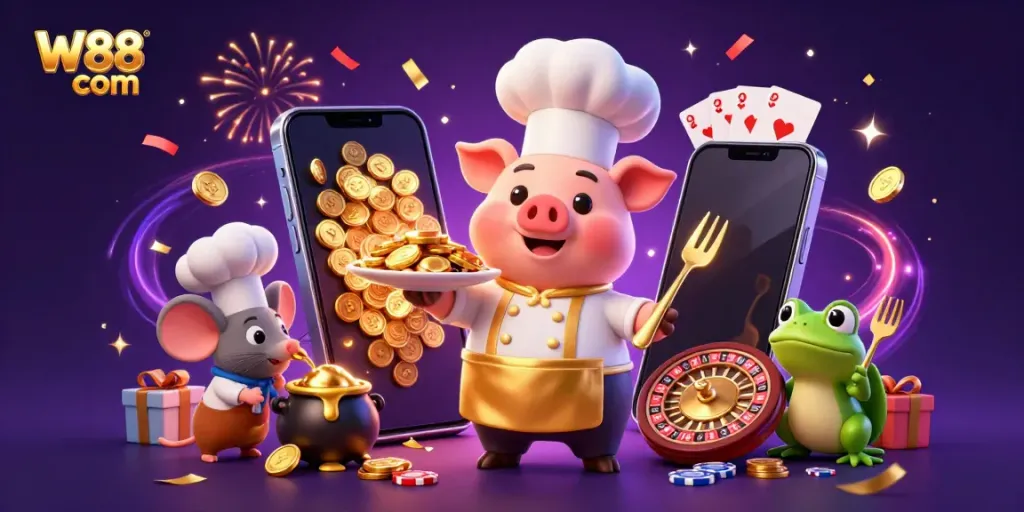 Engage in the thrilling gaming experience with W88 com featuring wealth, lively characters, and vibrant casino elements.