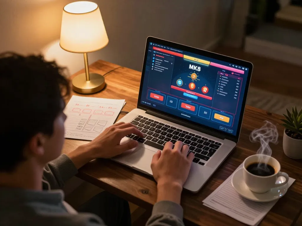 Player engaging in MK8 online gaming session, with laptop interface visible and strategic notes present.