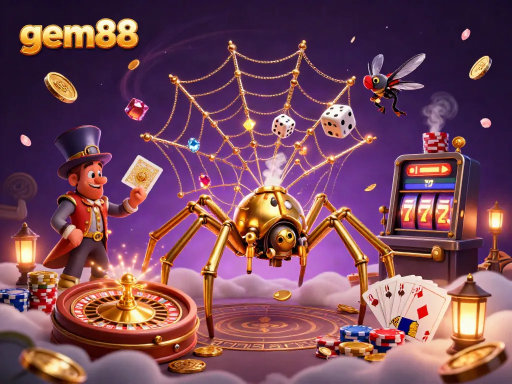 Spin the reels and win at gem88, showcasing a steampunk spider and golden casino atmosphere.