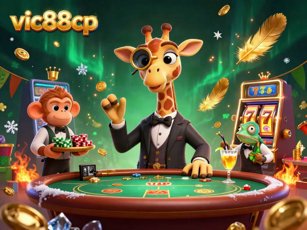 Experience excitement at vic88cp with vibrant 3D casino characters amidst spinning slots and glowing tokens.