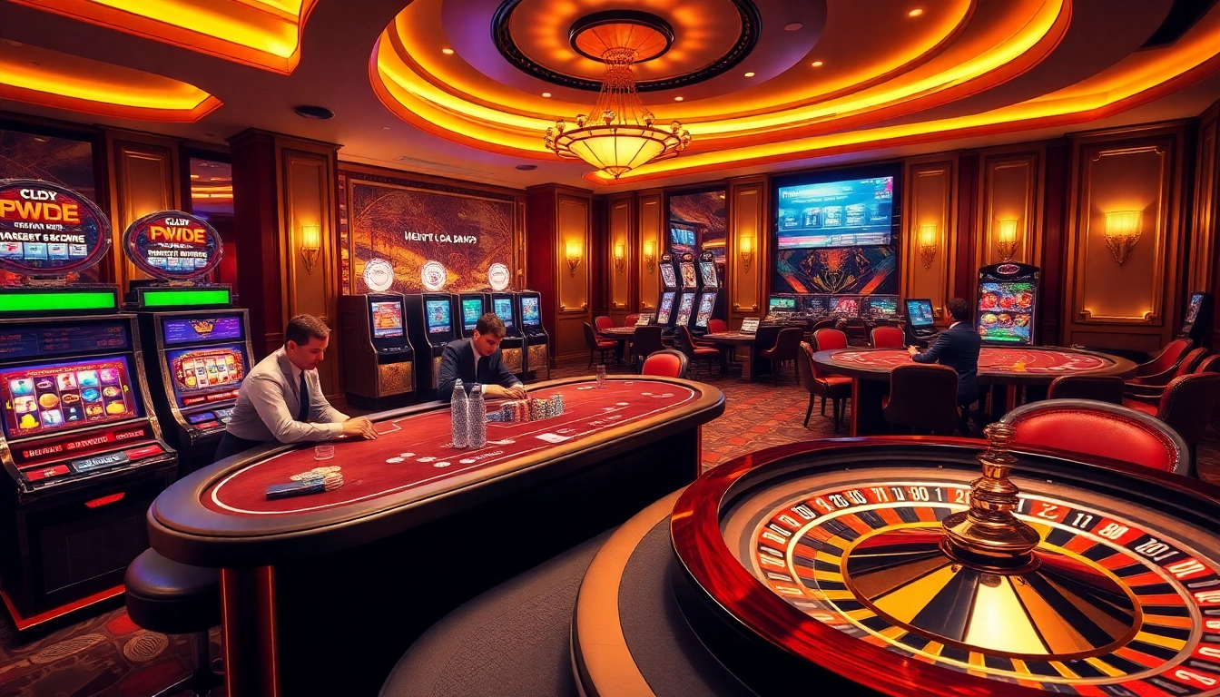A thrilling ALO789 casino scene featuring excited players at tables with vibrant slot machines and poker chips.