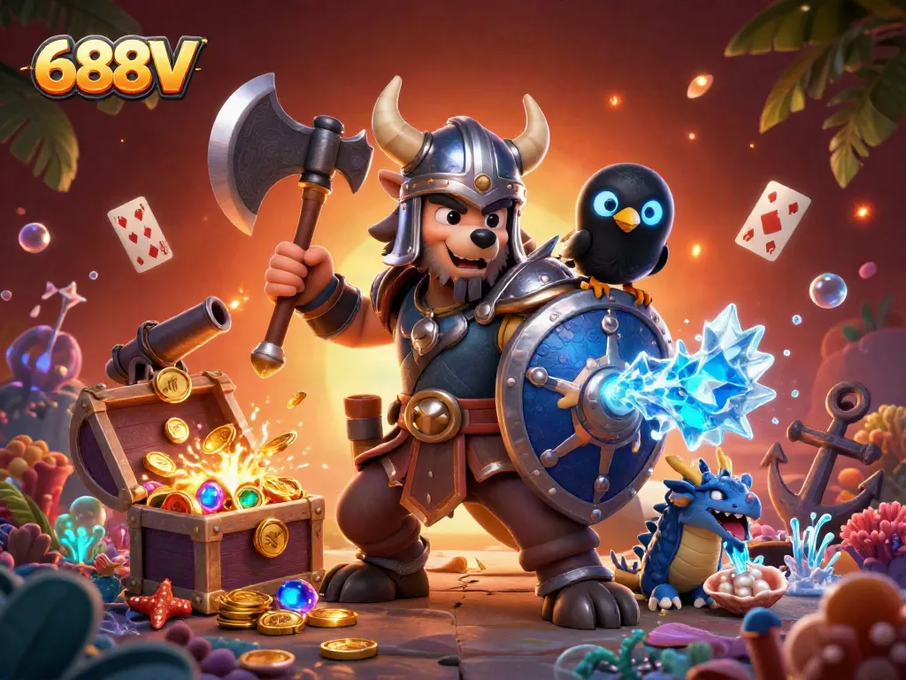 Join the excitement of 688V with a dynamic Viking-themed gaming scene and treasure elements.