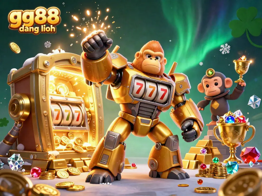Experience the excitement of gg88 đăng nhập with a cosmic-themed 3D illustration of a golden gorilla mech and treasures.