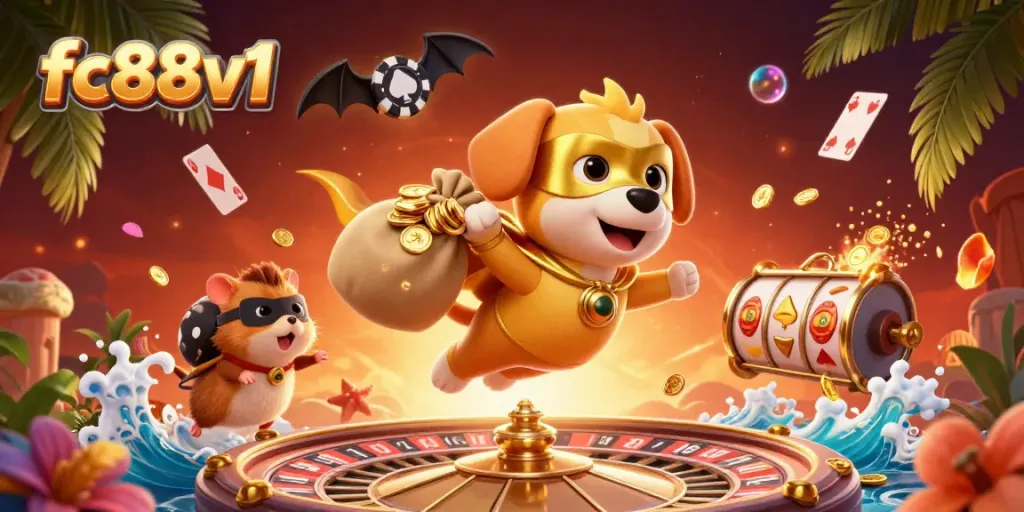 Experience the excitement of fc88v1 with a superhero dog flying through a vibrant casino scene filled with winning elements.
