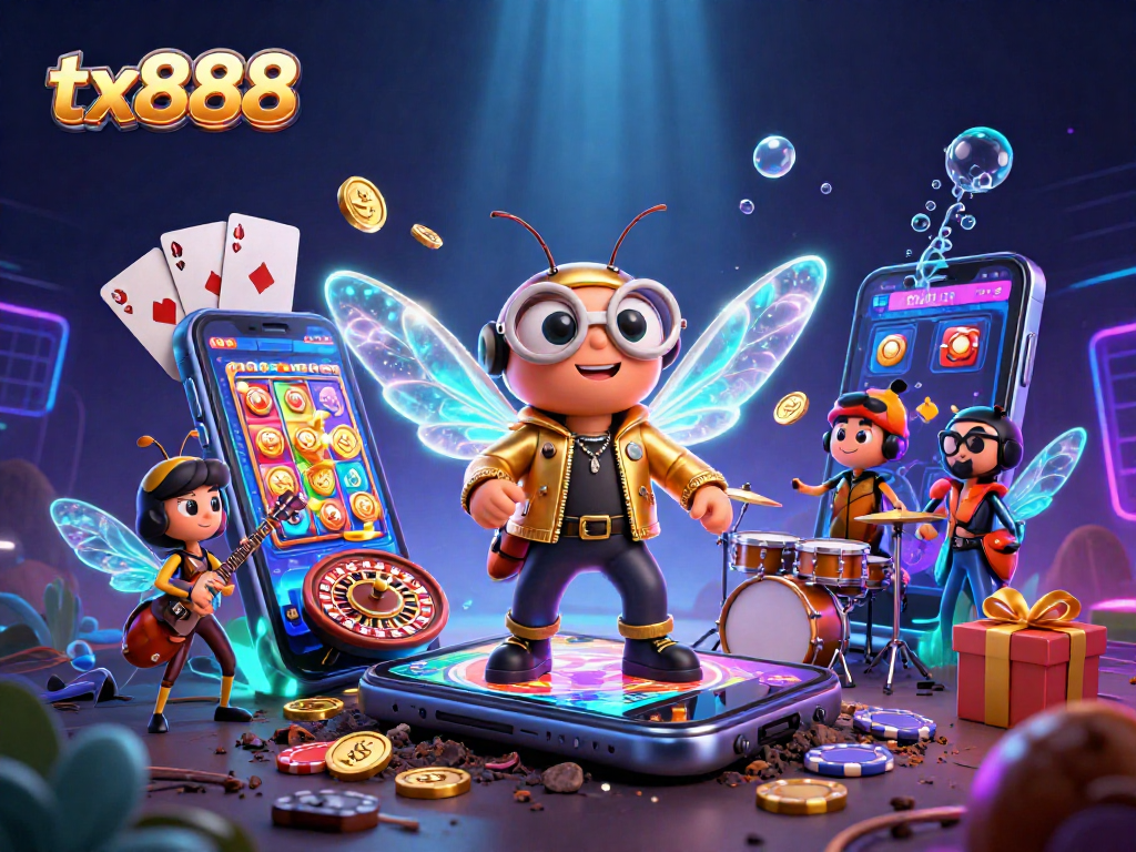Engage with the thrilling tx888 gaming scene featuring a cicada rock star and vibrant slot elements.