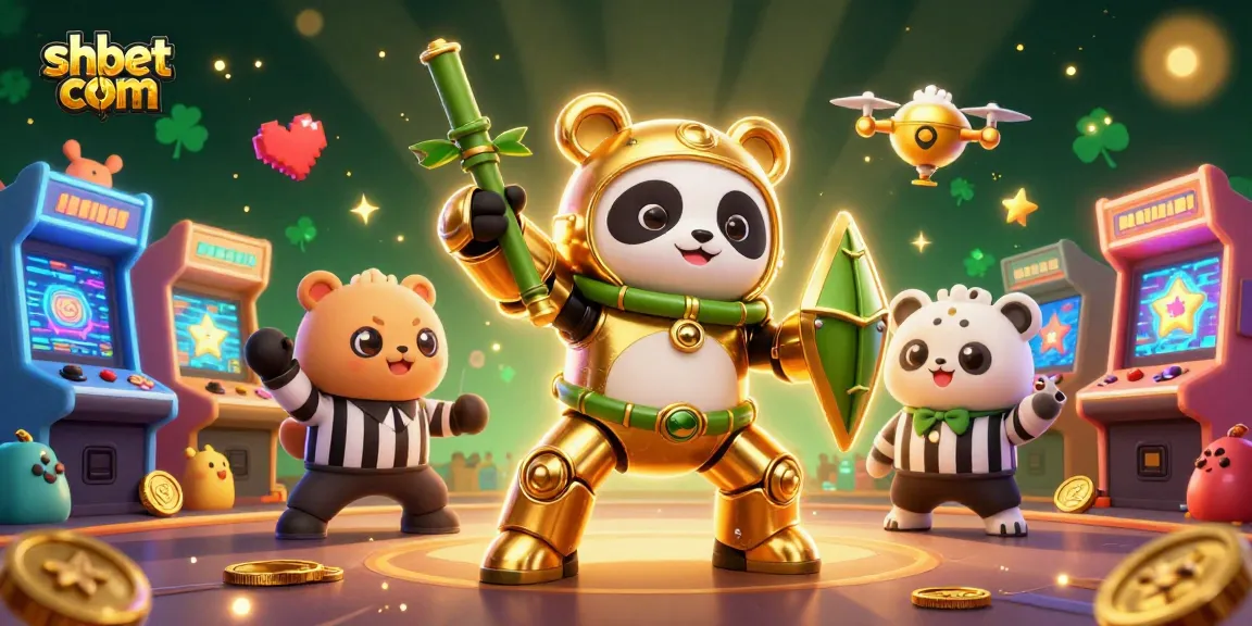 Experience thrilling gameplay with shbet com featuring a golden panda piloting a bamboo robot in a vibrant casino arena.