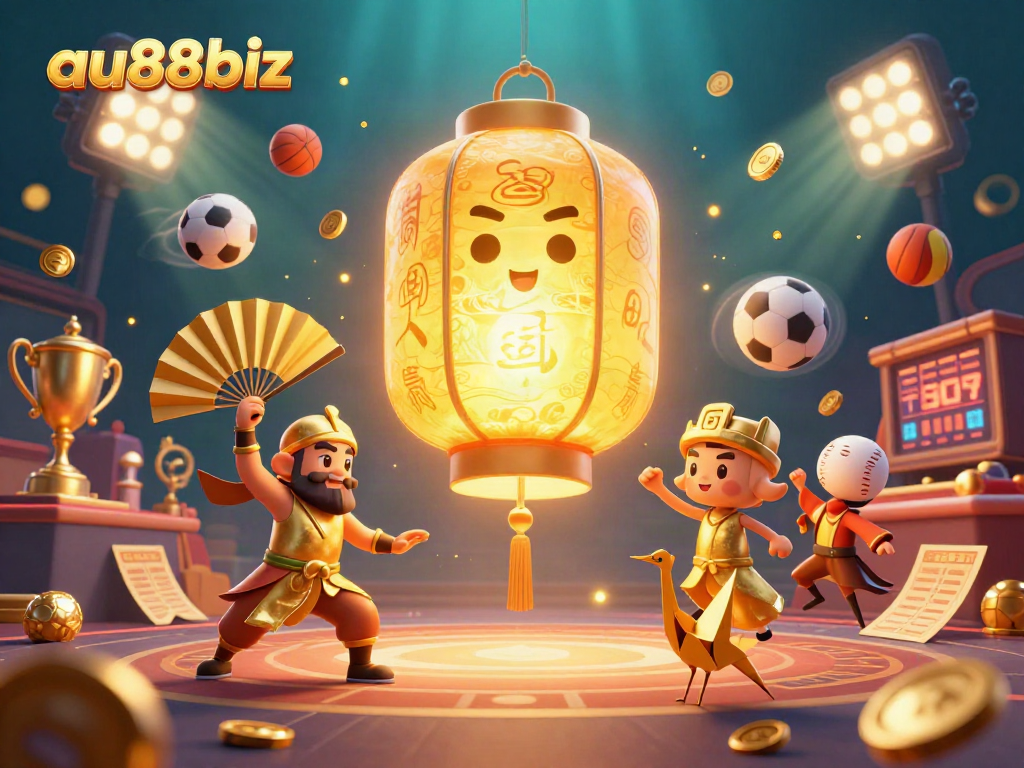 Experience excitement at au88biz with golden lantern spirit, fans, and sports betting elements.
