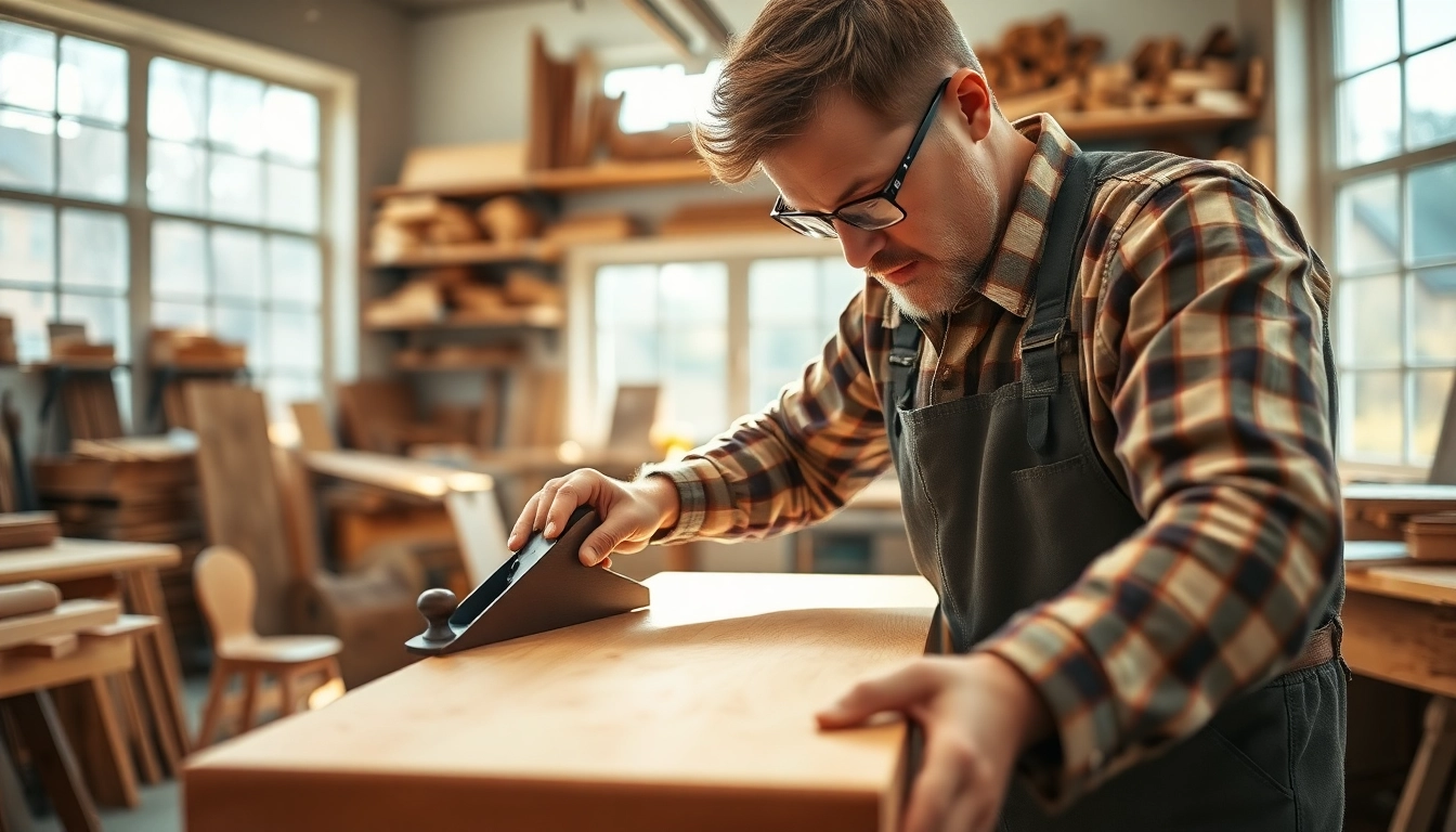 Cabinet maker crafting a custom wooden cabinet with precision in a sunny workshop.