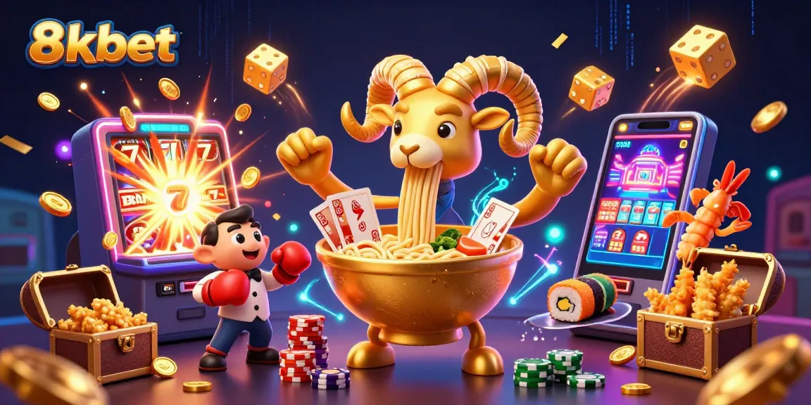 Experience thrilling gaming action with 8xbet's giant ramen bowl character at a dynamic casino.