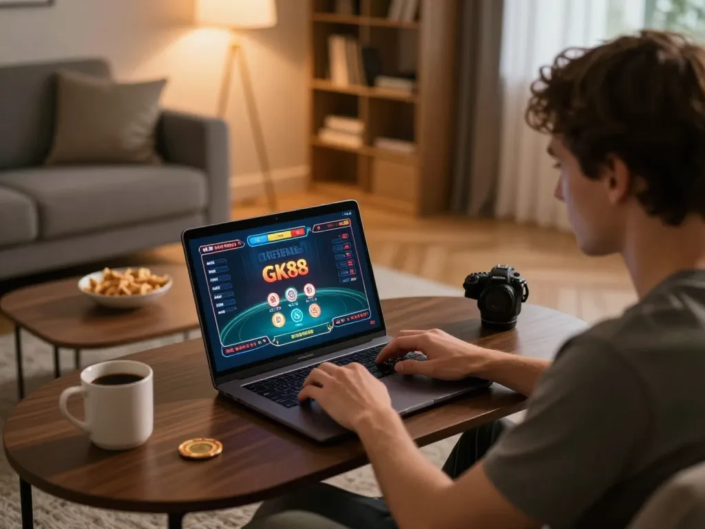 Your ultimate gk88 online casino experience unfolds in a cozy home setting, featuring engaging poker gameplay on a laptop.